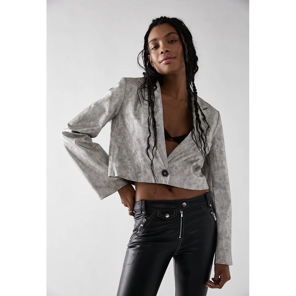 Free People BOCK PARTY CROP BLAZER JACKET SZ Small Silver Vegan Leather MSRP$198
